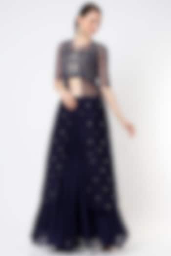 Dark Navy Blue Chiffon Lehenga Set by Poornima NS at Pernia's Pop Up Shop