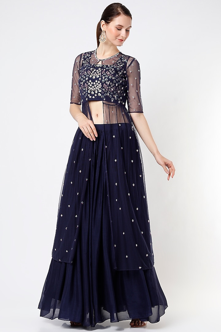 Dark Navy Blue Chiffon Lehenga Set by Poornima NS at Pernia's Pop Up Shop