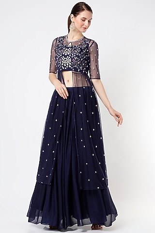 Dark Navy Blue Chiffon Lehenga Set by Poornima NS