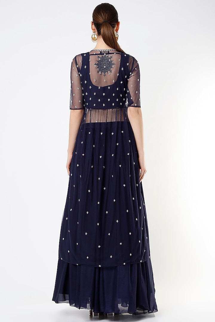Dark Navy Blue Chiffon Lehenga Set by Poornima NS at Pernia's Pop Up Shop