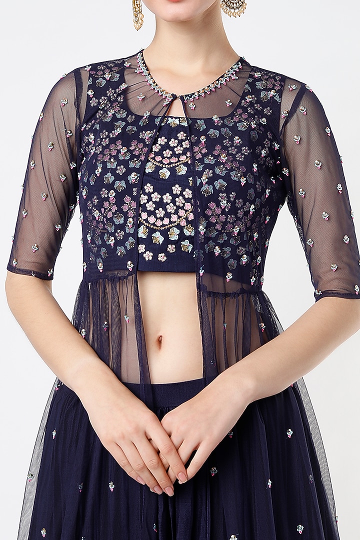 Dark Navy Blue Chiffon Lehenga Set by Poornima NS at Pernia's Pop Up Shop