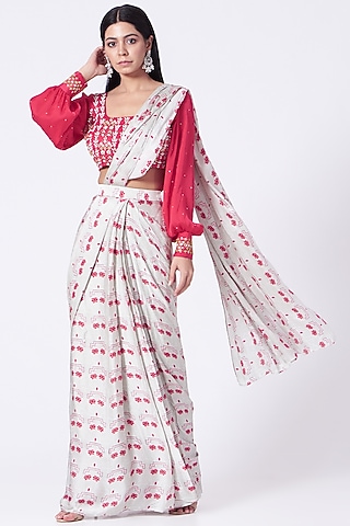 Grey Digital Printed Pre-Stitched Saree Set by Poornima NS