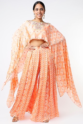 Peach Printed Pleated Pant Set by Poornima NS