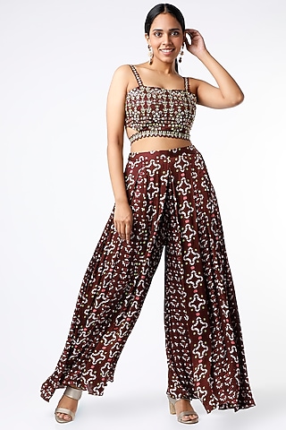 Brown Digital Printed Pleated Pant Set by Poornima NS
