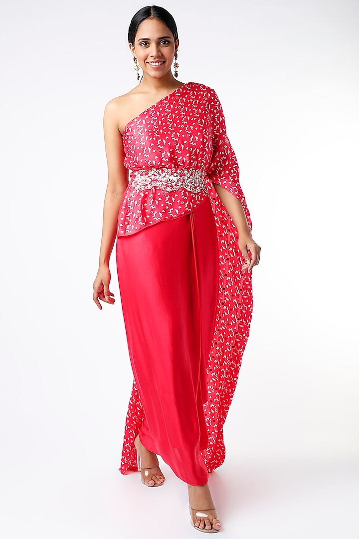Pink Printed Off Shoulder Dress With Embroidered Belt by Poornima NS