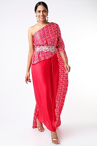 Pink Printed Off Shoulder Dress With Embroidered Belt by Poornima NS