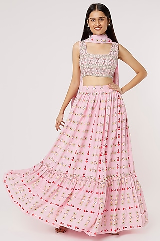 Pink Printed Jacket Lehenga by Poornima NS