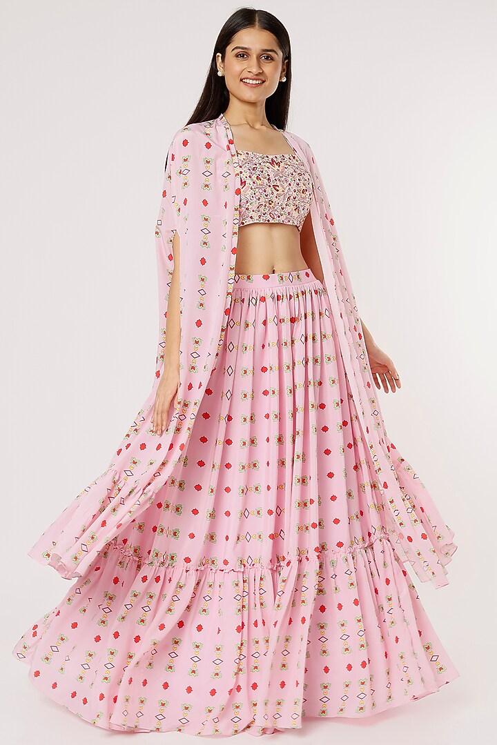 Pink Printed Jacket Wedding Lehenga by Poornima NS at Pernia's Pop Up Shop