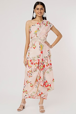 Beige Printed Off-Shoulder Dress by Poornima NS