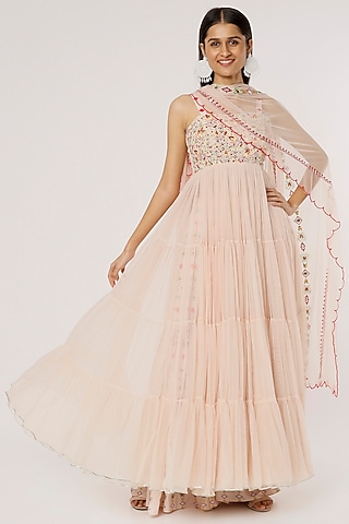 Beige Embroidered Anarkali Set by Poornima NS