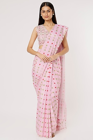 Pink Printed Pre-Stitched Saree Set by Poornima NS
