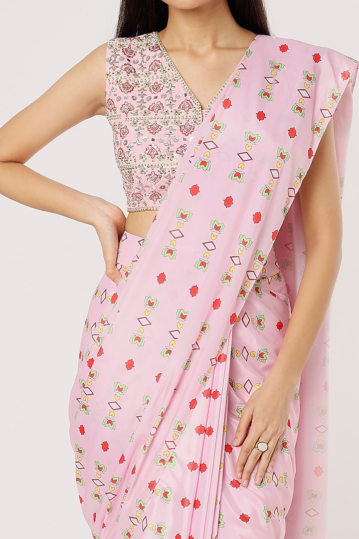Pink Printed Pre-Stitched Party Wear Saree Set by Poornima NS at Pernia's Pop Up Shop
