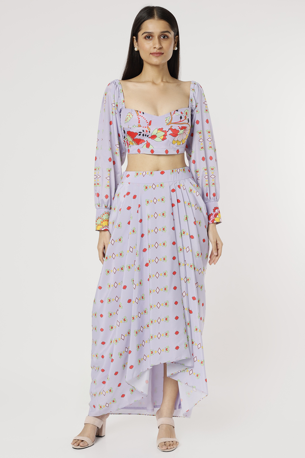 Powder Blue Printed Draped Skirt Set by Poornima NS