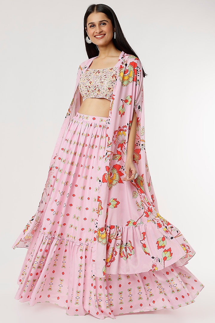 Pink Printed Jacket Lehenga Set by Poornima NS