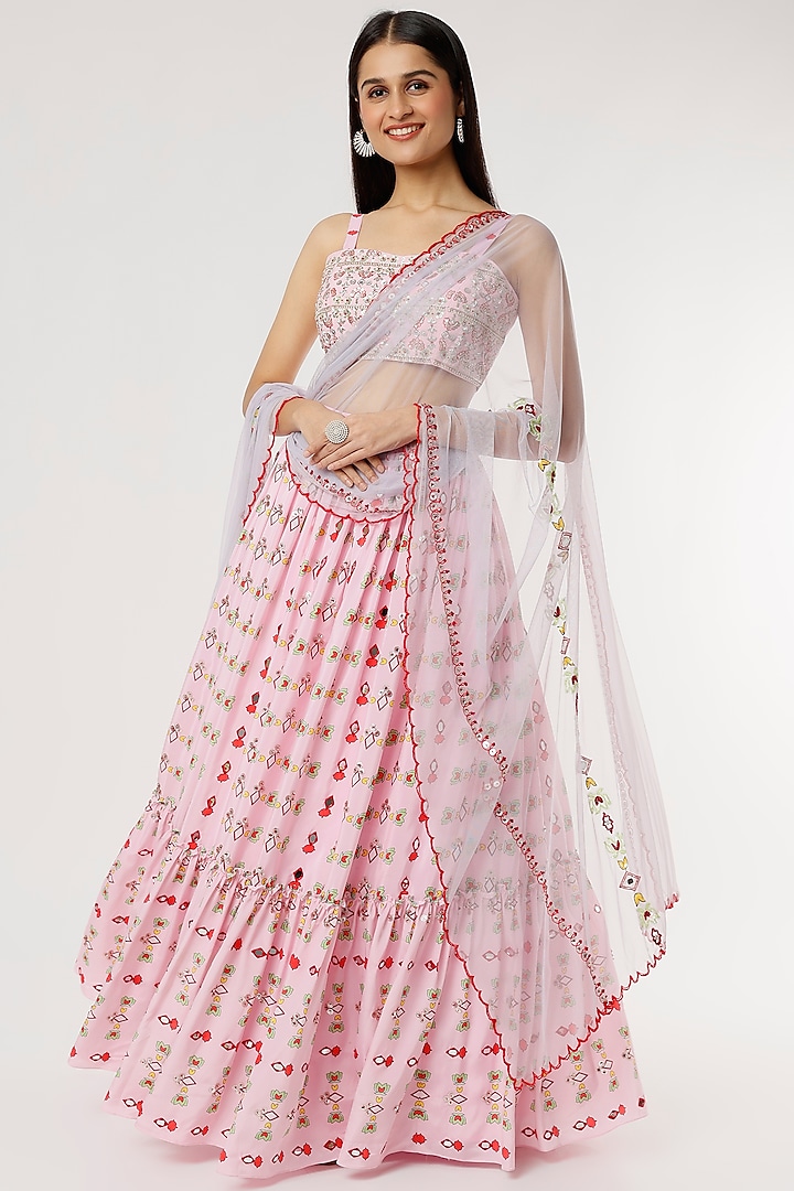 Pink Crepe Printed Wedding Lehenga Set by Poornima NS at Pernia's Pop Up Shop