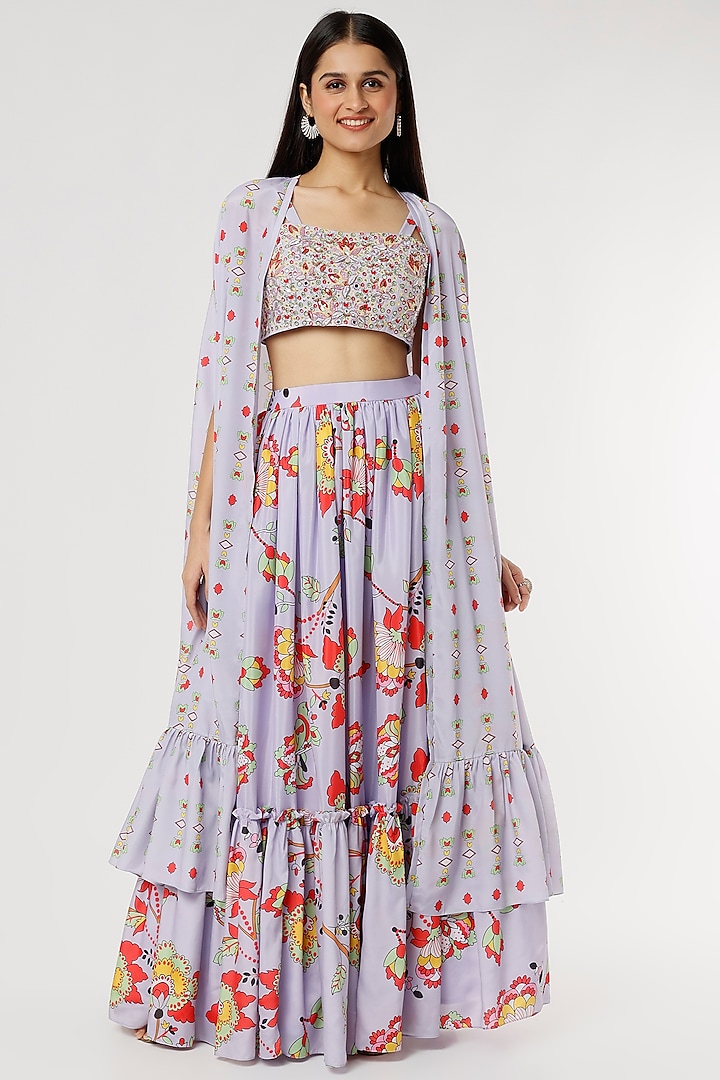 Powder Blue Printed Jacket Wedding Lehenga Set by Poornima NS at Pernia's Pop Up Shop