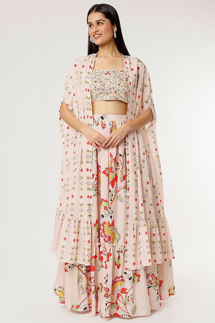 Beige Crepe Printed Jacket Wedding Lehenga Set by Poornima NS at Pernia's Pop Up Shop