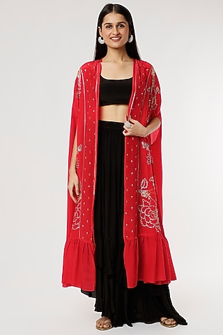 Black Crepe Printed Skirt Set With Jacket by Poornima NS