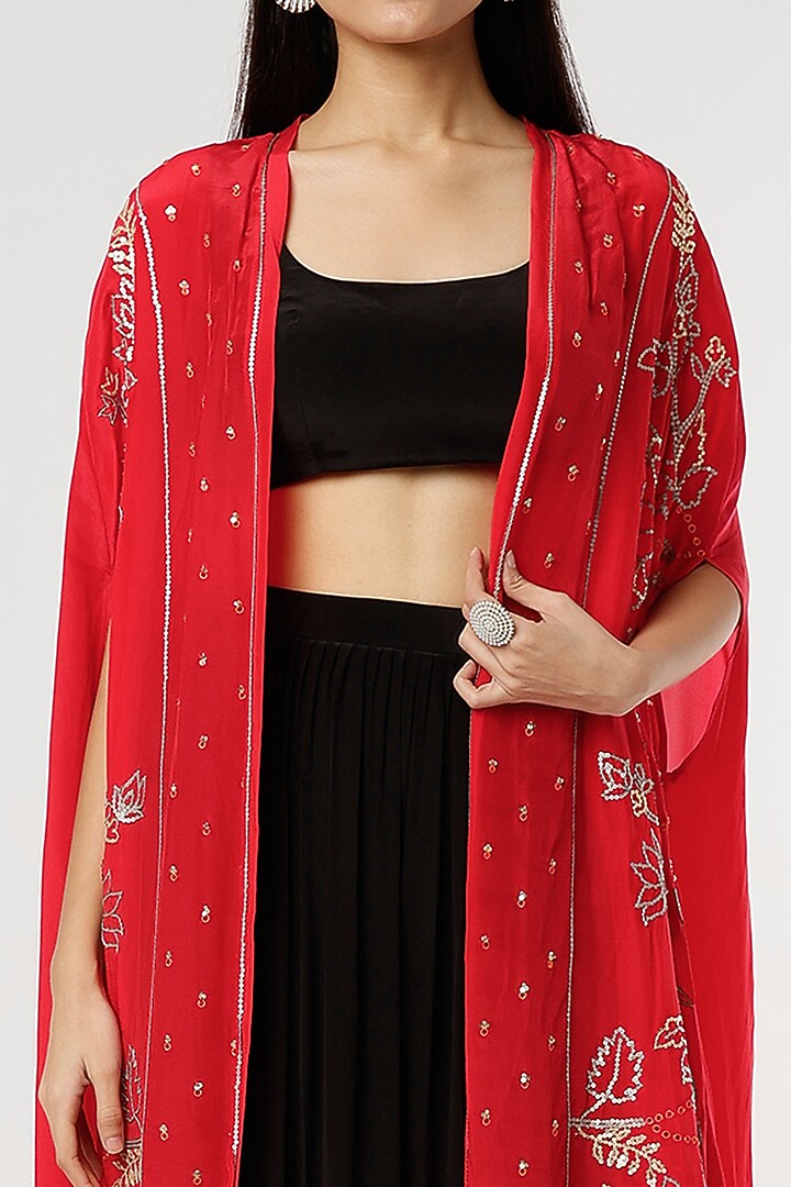 Black Crepe Printed Skirt Set With Jacket by Poornima NS at Pernia's Pop Up Shop