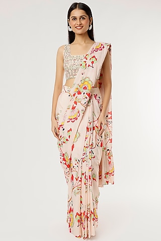 Beige Printed Saree Set by Poornima NS