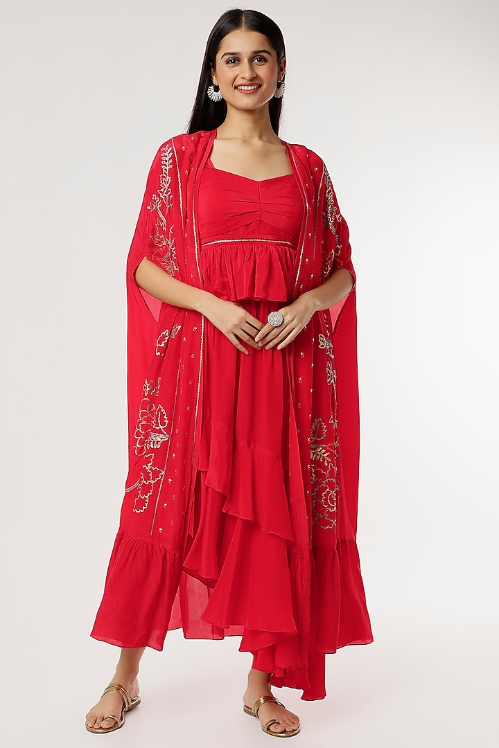 Red Embroidered Jacket Dress by Poornima NS