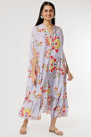 Powder Blue Crepe Embroidered Kurta Set by Poornima NS