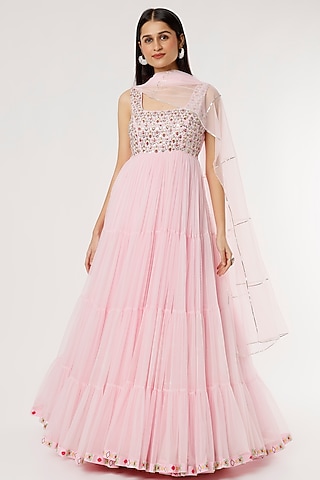 Pink Embroidered Anarkali Set by Poornima NS