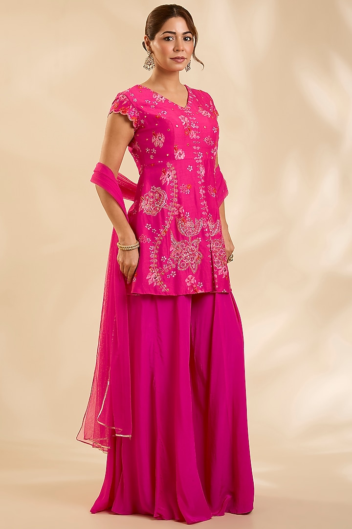 Pink Raw Silk Zardosi Embroidered Kurta Set by Poornima NS at Pernia's Pop Up Shop