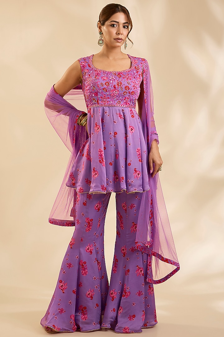 Lavender Crepe Silk Cutdana Embroidered Wedding Sharara Set by Poornima NS at Pernia's Pop Up Shop
