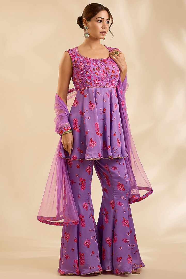 Lavender Crepe Silk Cutdana Embroidered Wedding Sharara Set by Poornima NS at Pernia's Pop Up Shop