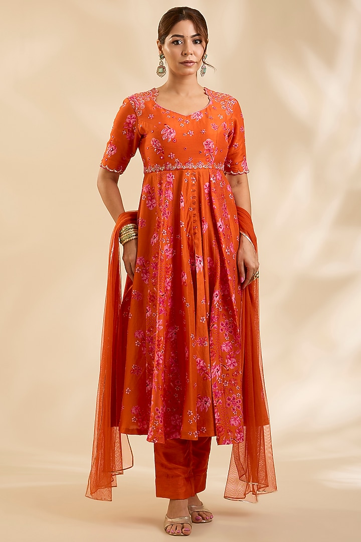 Orange Raw Silk Zardosi Embroidered Party Wear Anarkali Set by Poornima NS at Pernia's Pop Up Shop
