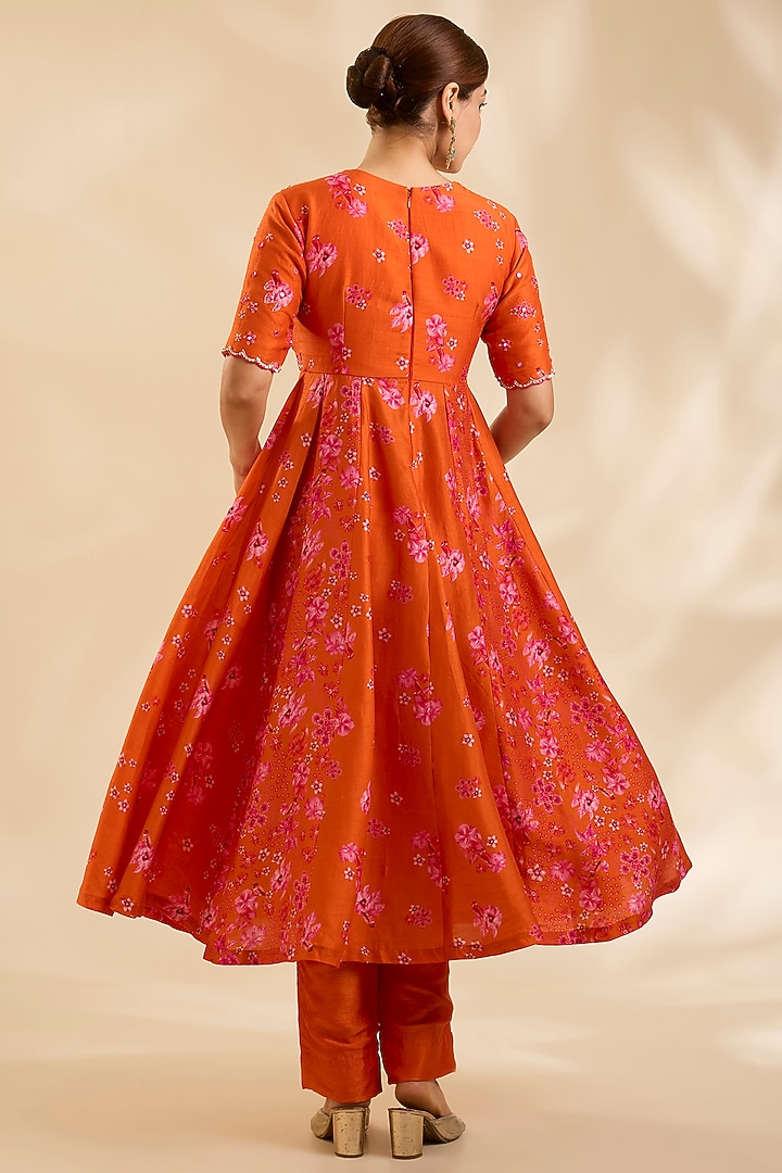 Orange Raw Silk Zardosi Embroidered Party Wear Anarkali Set by Poornima NS at Pernia's Pop Up Shop