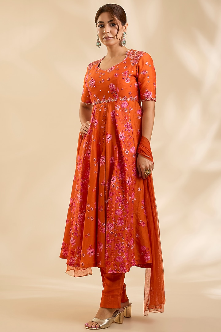 Orange Raw Silk Zardosi Embroidered Party Wear Anarkali Set by Poornima NS at Pernia's Pop Up Shop