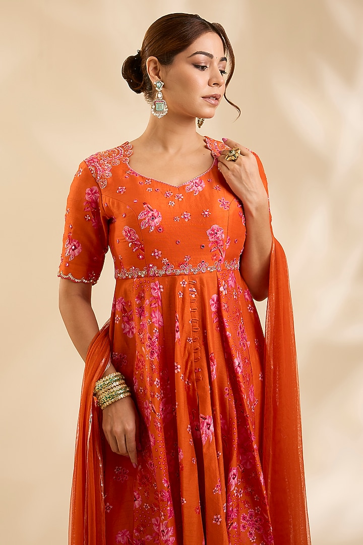 Orange Raw Silk Zardosi Embroidered Party Wear Anarkali Set by Poornima NS at Pernia's Pop Up Shop