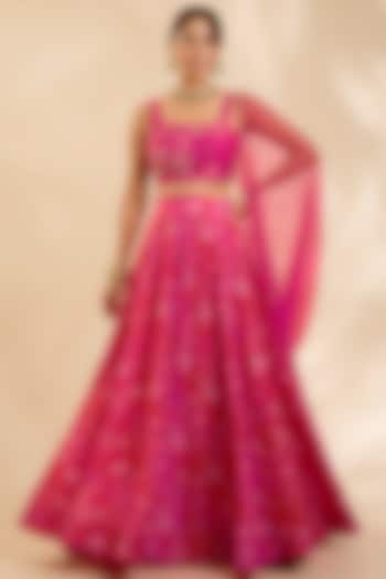 Pink & Red Raw Silk Zardosi Embroidered Kalidar Wedding Lehenga Set by Poornima NS at Pernia's Pop Up Shop