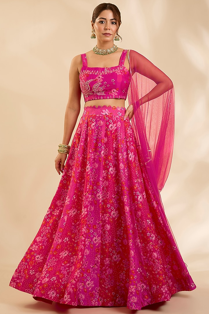 Pink & Red Raw Silk Zardosi Embroidered Kalidar Wedding Lehenga Set by Poornima NS at Pernia's Pop Up Shop