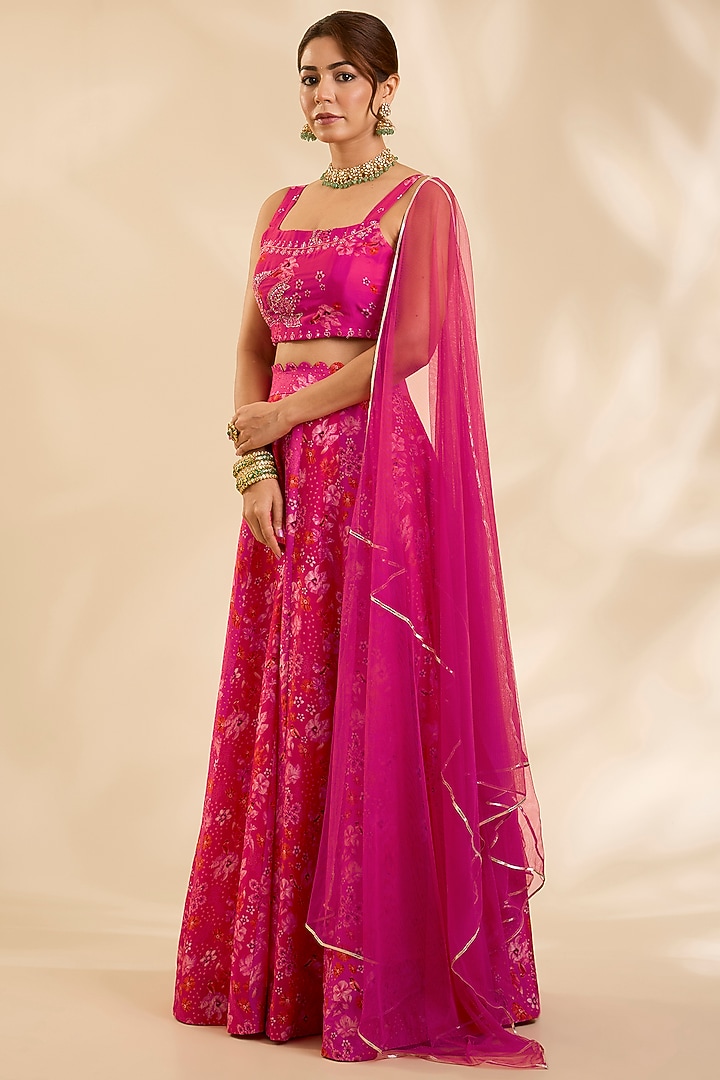Pink & Red Raw Silk Zardosi Embroidered Kalidar Wedding Lehenga Set by Poornima NS at Pernia's Pop Up Shop