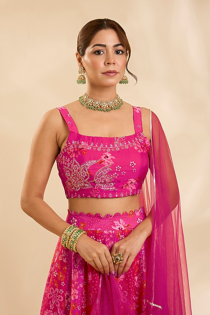 Pink & Red Raw Silk Zardosi Embroidered Kalidar Wedding Lehenga Set by Poornima NS at Pernia's Pop Up Shop