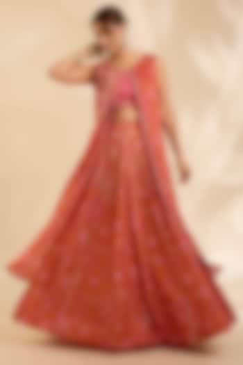 Orange & Pink Raw Silk Zardosi Embroidered Kalidar Wedding Lehenga Set by Poornima NS at Pernia's Pop Up Shop