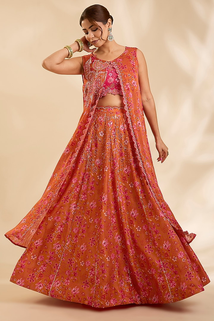 Orange & Pink Raw Silk Zardosi Embroidered Kalidar Wedding Lehenga Set by Poornima NS at Pernia's Pop Up Shop
