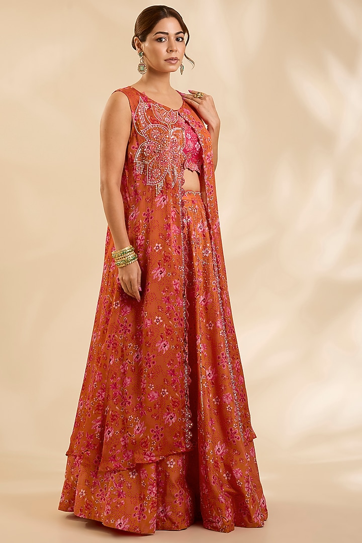 Orange & Pink Raw Silk Zardosi Embroidered Kalidar Wedding Lehenga Set by Poornima NS at Pernia's Pop Up Shop