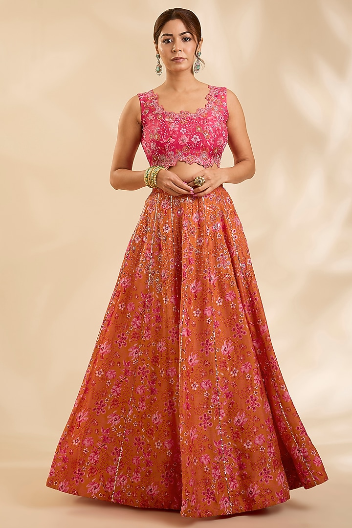 Orange & Pink Raw Silk Zardosi Embroidered Kalidar Wedding Lehenga Set by Poornima NS at Pernia's Pop Up Shop