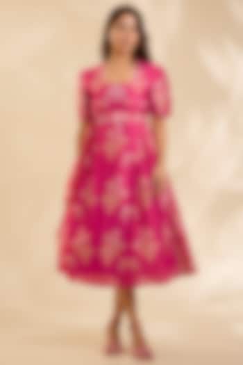 Pink Chanderi Cutdana Embroidered Midi Vacation Dress by Poornima NS at Pernia's Pop Up Shop
