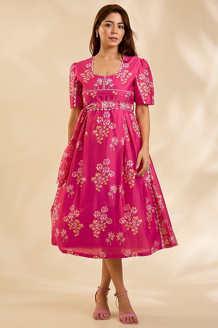 Pink Chanderi Cutdana Embroidered Midi Vacation Dress by Poornima NS at Pernia's Pop Up Shop
