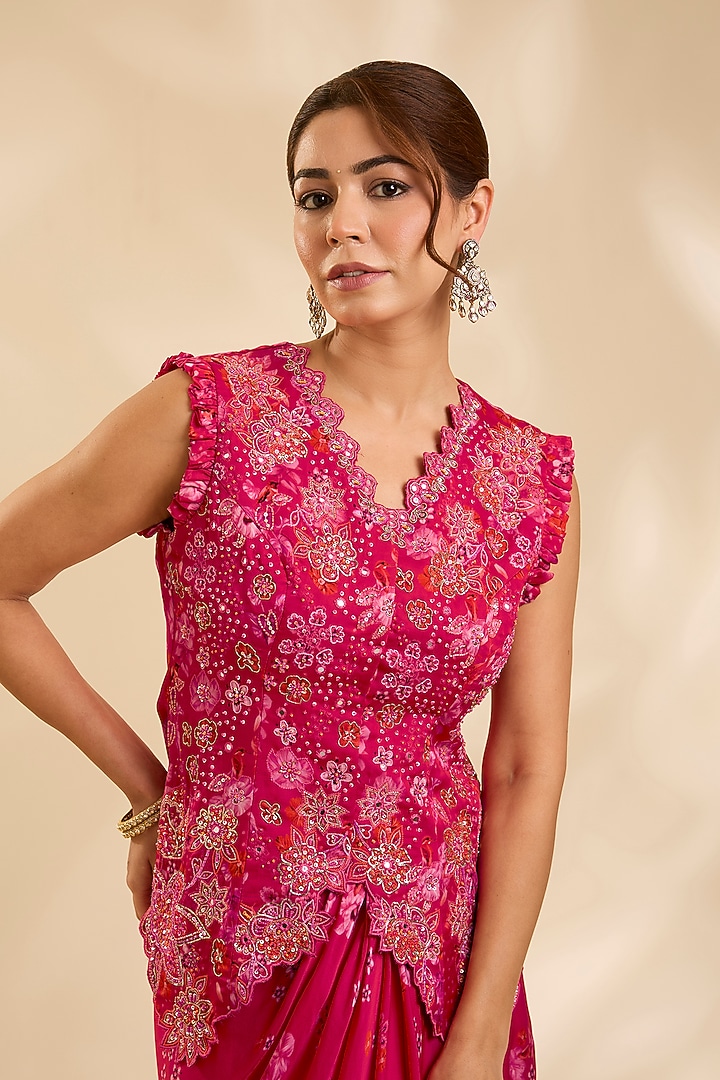 Red Crepe Silk Cutdana Embroidered Jacket Set by Poornima NS at Pernia's Pop Up Shop