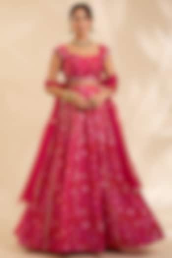 Red Raw Silk Zardosi Embroidered Kalidar Wedding Lehenga Set by Poornima NS at Pernia's Pop Up Shop
