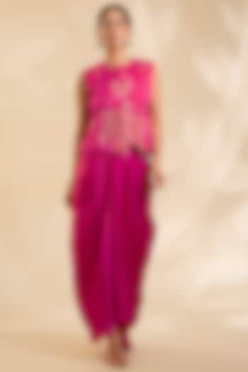 Red Crepe Silk Cutdana Embroidered Drape Skirt Set by Poornima NS at Pernia's Pop Up Shop