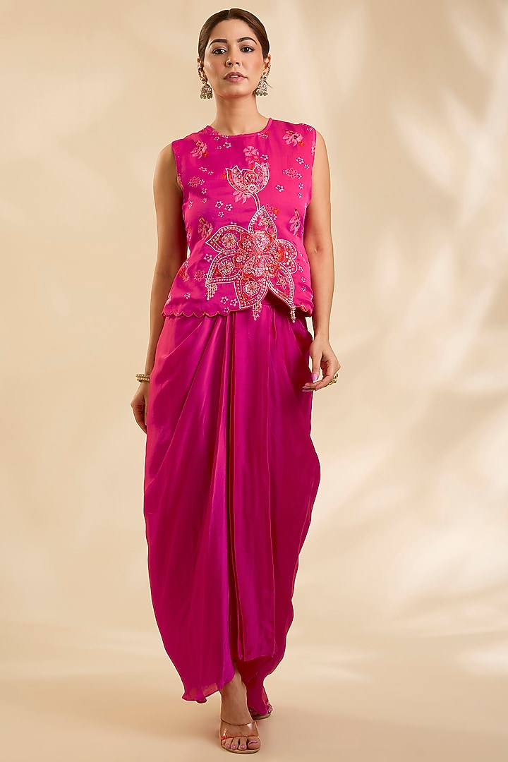 Red Crepe Silk Cutdana Embroidered Drape Skirt Set by Poornima NS at Pernia's Pop Up Shop