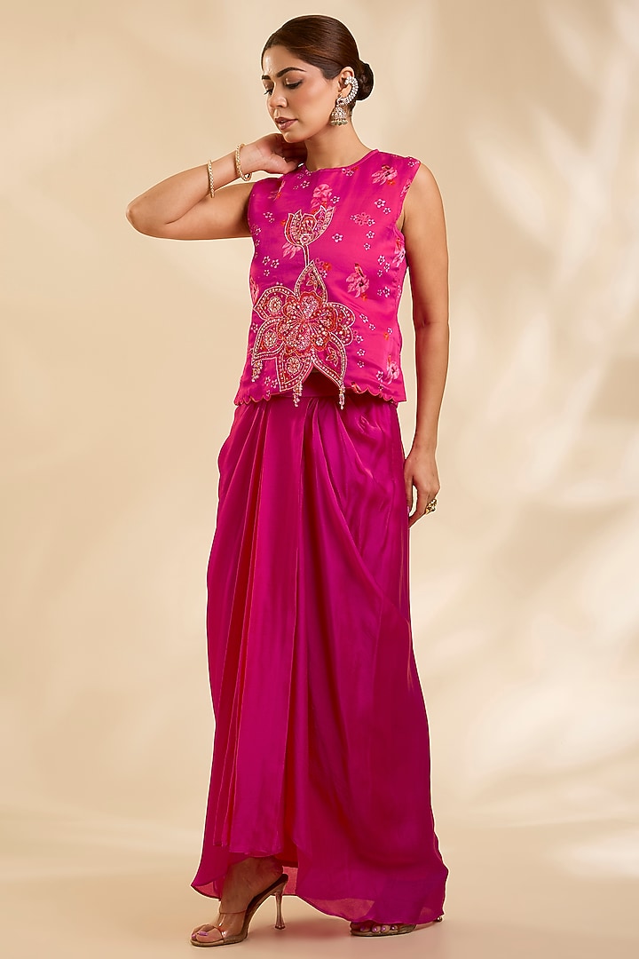 Red Crepe Silk Cutdana Embroidered Drape Skirt Set by Poornima NS at Pernia's Pop Up Shop