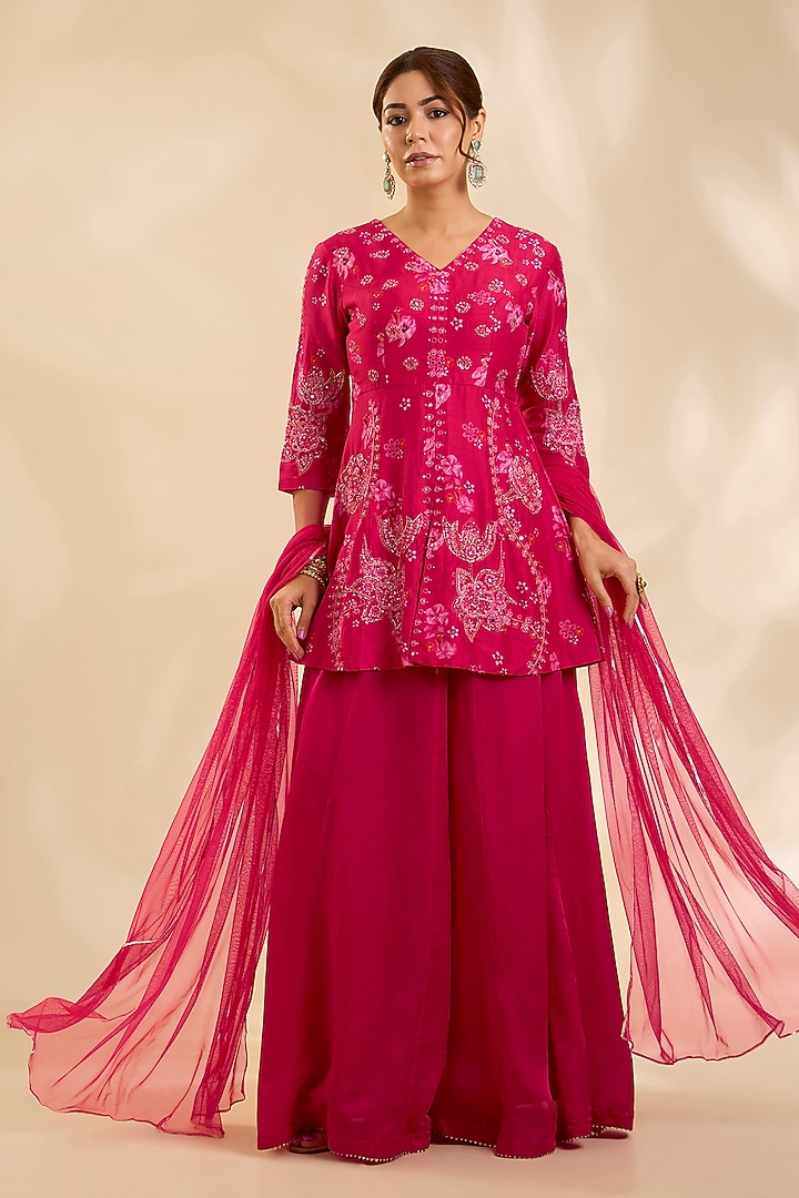 Pink Raw Silk Zardosi Embroidered Kurta Set by Poornima NS at Pernia's Pop Up Shop